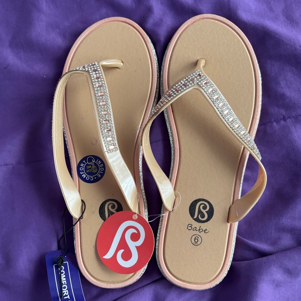 Babe: BNWT Women's Rhinestone Flip Flops; Color: Beige/Pink/Silver, Size: 6